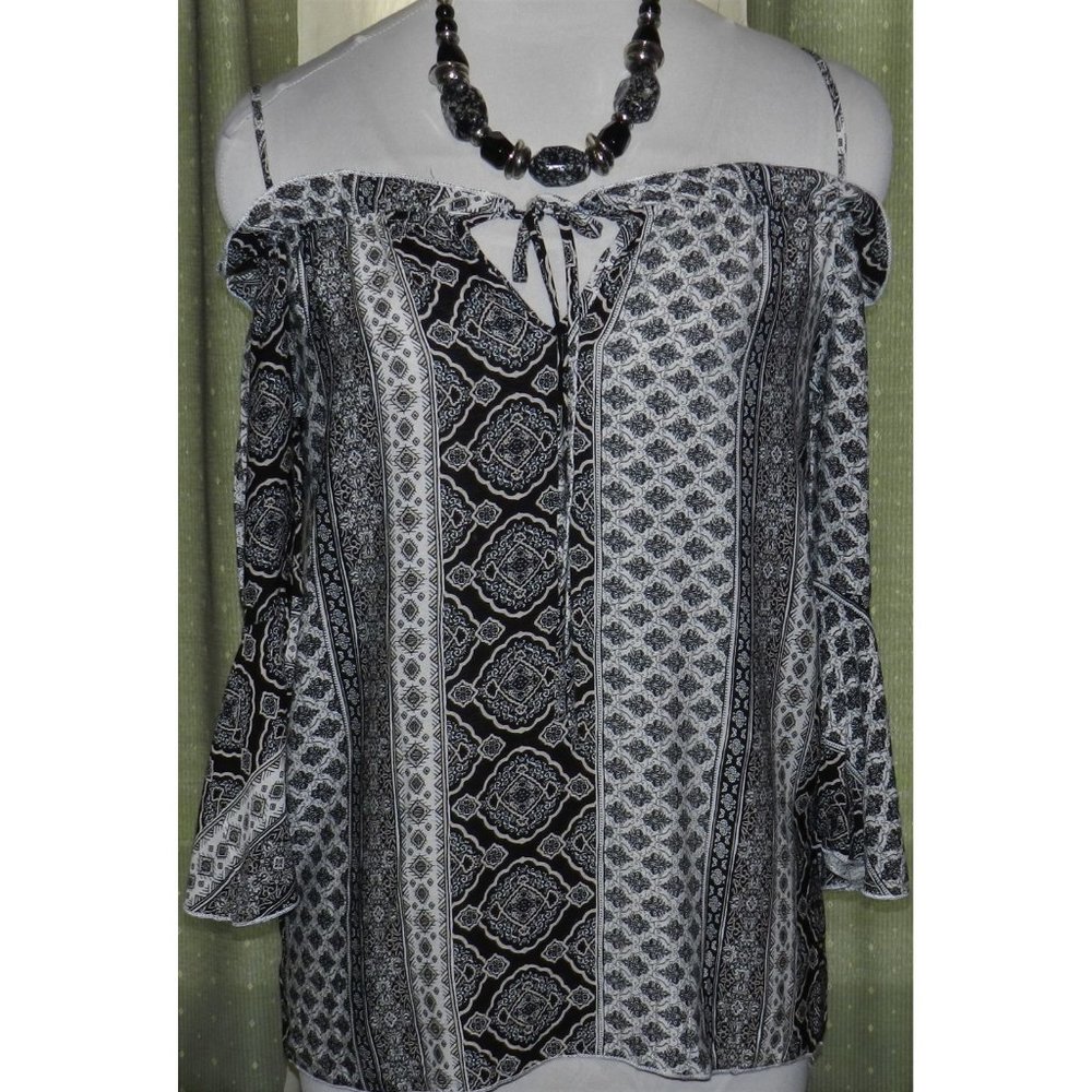 NWOT Mirabilia size large rayon artsy bare shoulder blouse blk / wht / tan